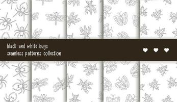 Vector seamless patterns collection of black and white insects. Set of repeat backgrounds with isolated monochrome spider, dragonfly, fly, butterfly, wasp. Good for clothes for teenagers, stationery