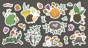 Cute forest themed stickers for children on dark background. Bright flat illustration of woodland animals, insects, mushrooms, plants, foliage. Nature inspired smiling characters for kids vector