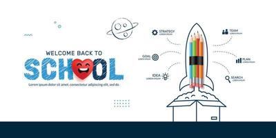 Pencil Rocket launching out from the box infographic, Back to School background, Think outside the box concept vector