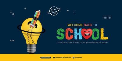 Pencil Rocket launching to space with yellow light bulb background, Back to School concept, Online learning and Web page template vector