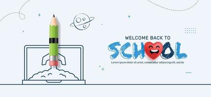 Back to School background with Pencil rocket launching from Laptop to space. Online learning and Web page template, Digital Education concept vector