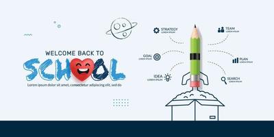 Pencil Rocket launching out from the box infographic, Back to School background, Think outside the box concept vector