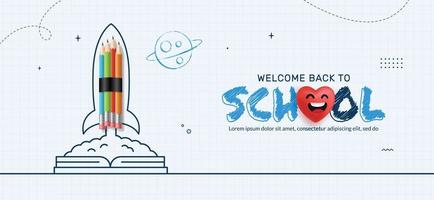 Back to School background with Pencil rocket launching from Notebook to space. Online learning and Web page template, Digital Education concept vector