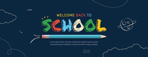 banner horizontal de regreso a la escuela con letras coloridas. plantilla de página web de cursos, aprendizaje y tutoriales en línea. concepto de educación en línea vector