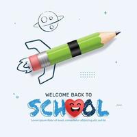 Back to School background with Green pencil rocket launching to space. Online learning and Web page template, Digital Education concept vector