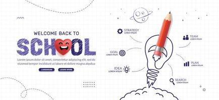 Back to School horizontal infographic with rocket pencil launching to space. Online courses, learning and tutorials Web page template. Online education concept vector