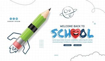 fondo de regreso a la escuela con lanzamiento de cohete de lápiz verde al espacio. aprendizaje en línea y plantilla de página web, concepto de educación digital vector