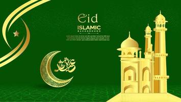 fondo de celebración de eid verde y dorado con mezquita y luna vector