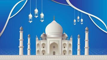 Islamic blue color background with hanging lanterns and mosque vector