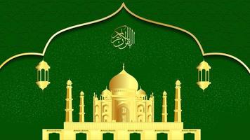 fondo de celebración de eid verde y dorado con mezquita y linternas colgantes vector