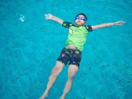 boy wearing a swimsuit and glasses swimming in the middle of the pool with a blue water background photo