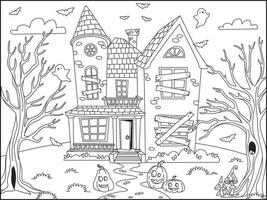 Halloween background with Haunted house outlined for coloring page vector