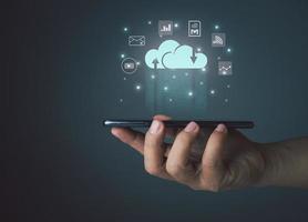 Cloud computing concept, connect communication equipment  information and technology with cloud computing and technology icon. photo