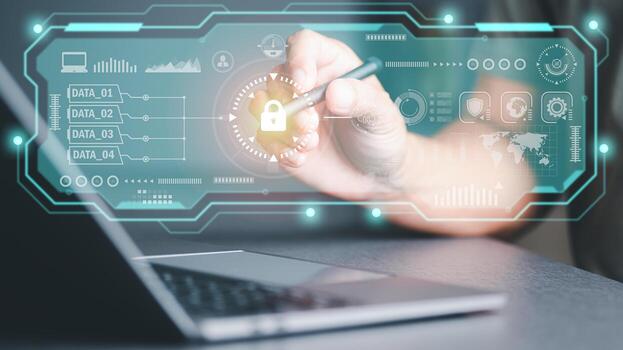 Cybersecurity Management with Online Authentication Technology Business people use virtual laptops to unlock security codes. To enter the work system, protection against cyber threats. photo