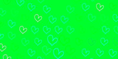 Light Blue, Green vector pattern with colorful hearts.