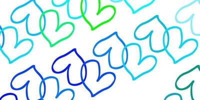 plantilla de vector azul claro, verde con corazones de doodle.