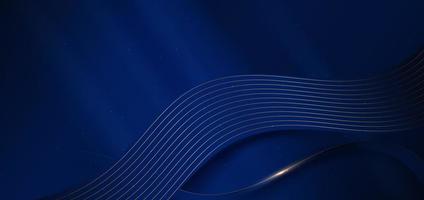 Abstract 3d gold curved dark blue ribbon on dark blue background with lighting effect and sparkle with copy space for text. vector