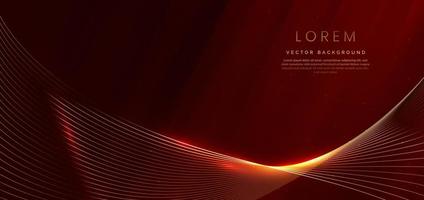 Abstract luxury golden lines curved overlapping on dark red background. vector