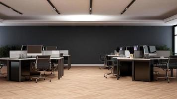 Diseño de interiores de oficina minimalista moderno y oscuro en 3D Render - área de trabajo de espacio abierto
