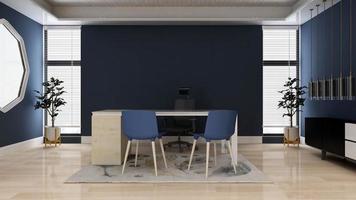 Diseño de oficina moderna azul de renderizado 3d - maqueta de pared interior de sala de gerente foto