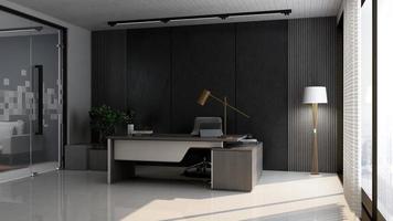 Diseño de oficina moderno de renderizado en 3d: maqueta de pared interior de sala de gerente con concepto oscuro foto