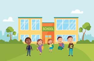A group of students near the school. Funny kids. Welcome to the school. Vector image in a cartoon flat style.