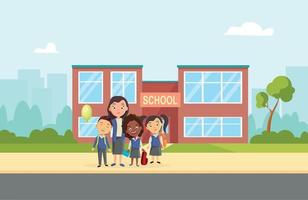 A group of students near the school. Funny kids. Welcome to the school. Vector image in a cartoon flat style.