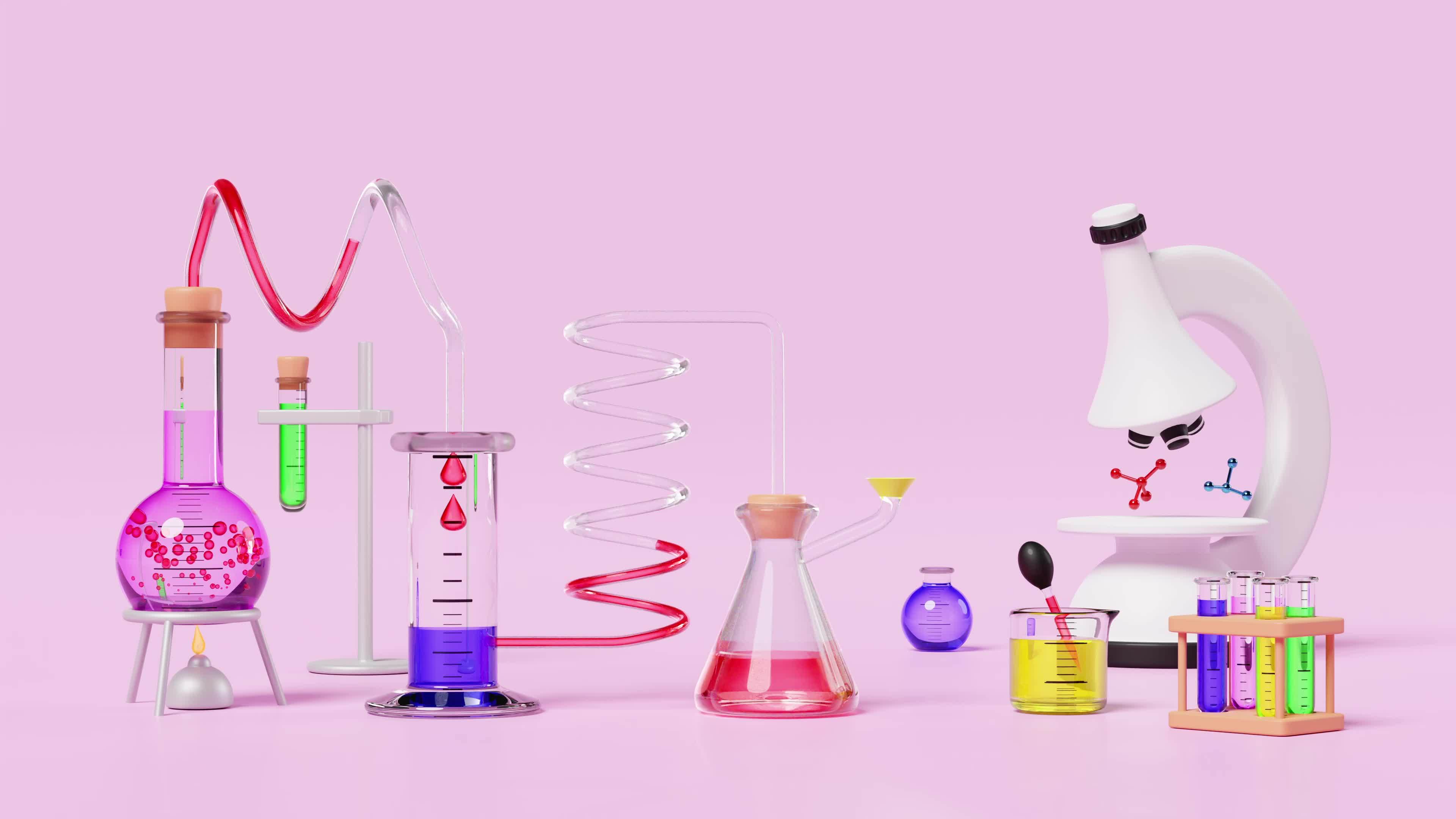 3d science experiment kit with beaker, test tube isolated on pink  background. room online innovative education concept, 3d animation 11846099  Stock Video at Vecteezy