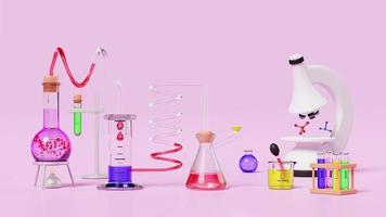 3d science experiment kit with beaker, test tube isolated on pink background. room online innovative education concept, 3d animation video