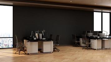diseño de interiores de oficina minimalista moderno y oscuro en 3d - área de trabajo de espacio abierto foto