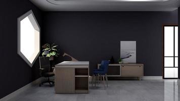 3D Render Side view of modern office design - manager room interior wall mockup with dark concept photo