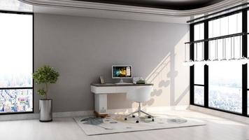 Monochrome personal space for study - Modern minimalist interior design working area in 3d render photo