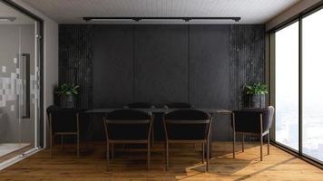 Diseño de oficina en 3d: maqueta de sala de reuniones moderna con concepto oscuro y elegante foto