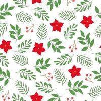 Seamless pattern with winter twigs and poinsettia flowers on white background. Good for fabric, wallpaper, packaging, textile, web design. vector