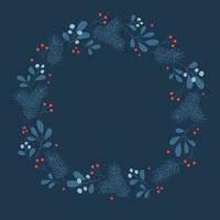 Winter wreath with mistletoe and pine twigs in blue colors. Template for Christmas greeting card, invitation, poster, banner, print. vector