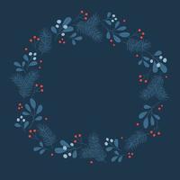 Winter wreath with mistletoe and pine twigs in blue colors. Template for Christmas greeting card, invitation, poster, banner, print. vector