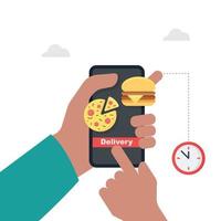 Hand holding mobile with delivery food app. Order food online illustration. vector