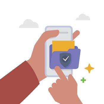 teléfono móvil de mano con acceso seguro a la carpeta de archivos confidenciales e ilustración de bloqueo privado. vector