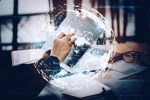 Business woman using a tablet to work through the internet technology for the digital marketing era, data analysis, metaverse, big data, Business global internet, global network and data exchanges. photo