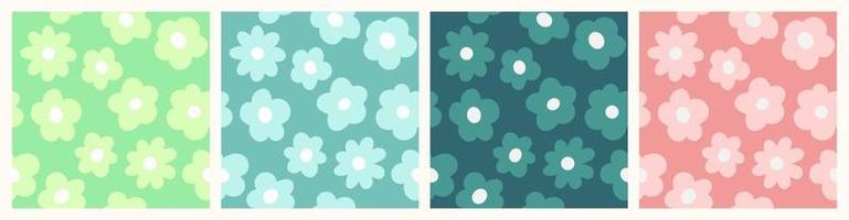 Set of Multi Color Flowers Backgrounds, in Flat Design, Seamless Editable Vector Patterns. Simple Floral Print Collection, Shades of Green and Pink.