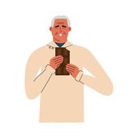 An elderly man holds a bar of chocolate in his hands. Vector illustration in flat style