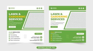 Garden care service and lawn mower business promotion template. Lawn mower and landscaping service social media post vector with green and yellow colors. Agro farming business web banner template.