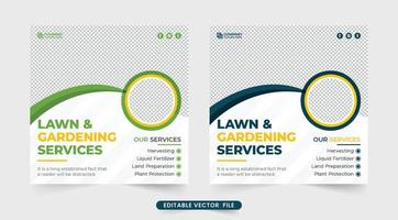 Harvesting and gardening service social media post design with green and blue colors. Lawn mower business template for marketing. Agro farm service promotional template design with creative shapes. vector