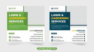 Lawn mower and garden service web banner template for social media marketing. Agricultural and landscaping service template with green and blue colors. Agro farming and harvesting service vector. vector