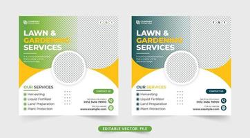 vector de publicación de redes sociales de servicio de césped y jardinería. plantilla de anuncio de servicio agrícola con colores amarillo y verde. Vector de banner web promocional de negocios de cortacésped con formas abstractas.