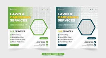 Lawn and gardening social media post vector for marketing. Landscaping and farm management service web banner with green and blue colors. Agro farming service social media template design.