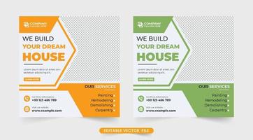 gestión de la construcción y publicaciones en redes sociales de negocios inmobiliarios con colores verde y amarillo. vector de plantilla promocional de construcción de viviendas y negocios inmobiliarios. banner de web de servicio de reparación de viviendas