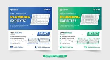 Corporate plumbing business social media post vector with blue and green colors. Handyman and plumber service web banner design for online marketing. Plumbing service commercial template vector.