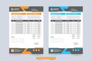 Professional business invoice design with abstract modern shapes. Corporate company purchase receipt and billing template vector with blue and orange colors. Print-ready minimal invoice design.