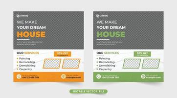 plantilla de negocio de bienes raíces para hacer el hogar para marketing en redes sociales. diseño de banner web de servicios de construcción y reparación de viviendas con colores verde y amarillo. vector de plantilla de negocio de renovación de viviendas.